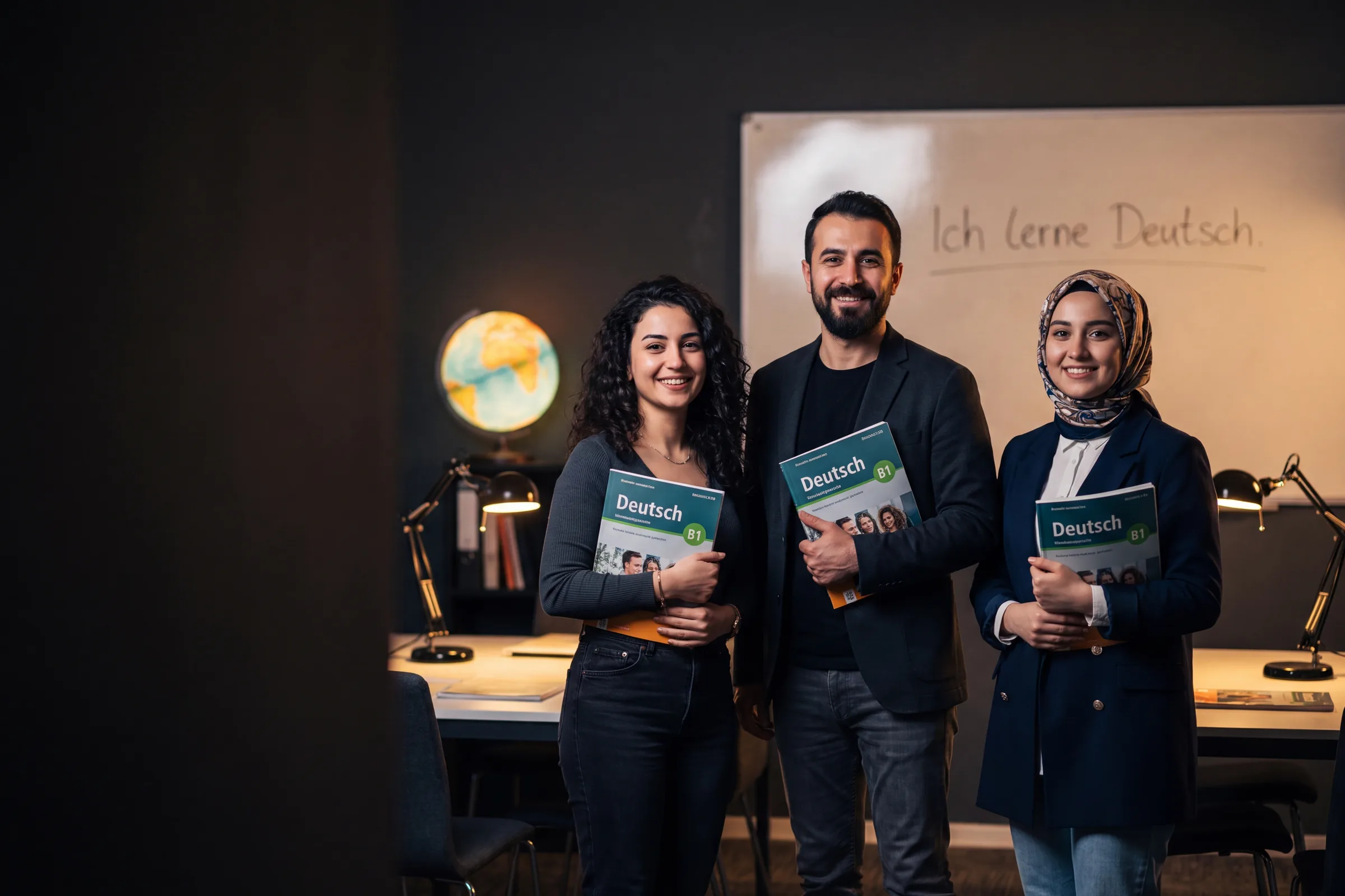 Almanca kursunda Deutsch B1 kitaplarını tutan üç yetişkin öğrenci; arkada “Ich lerne Deutsch.” yazısı