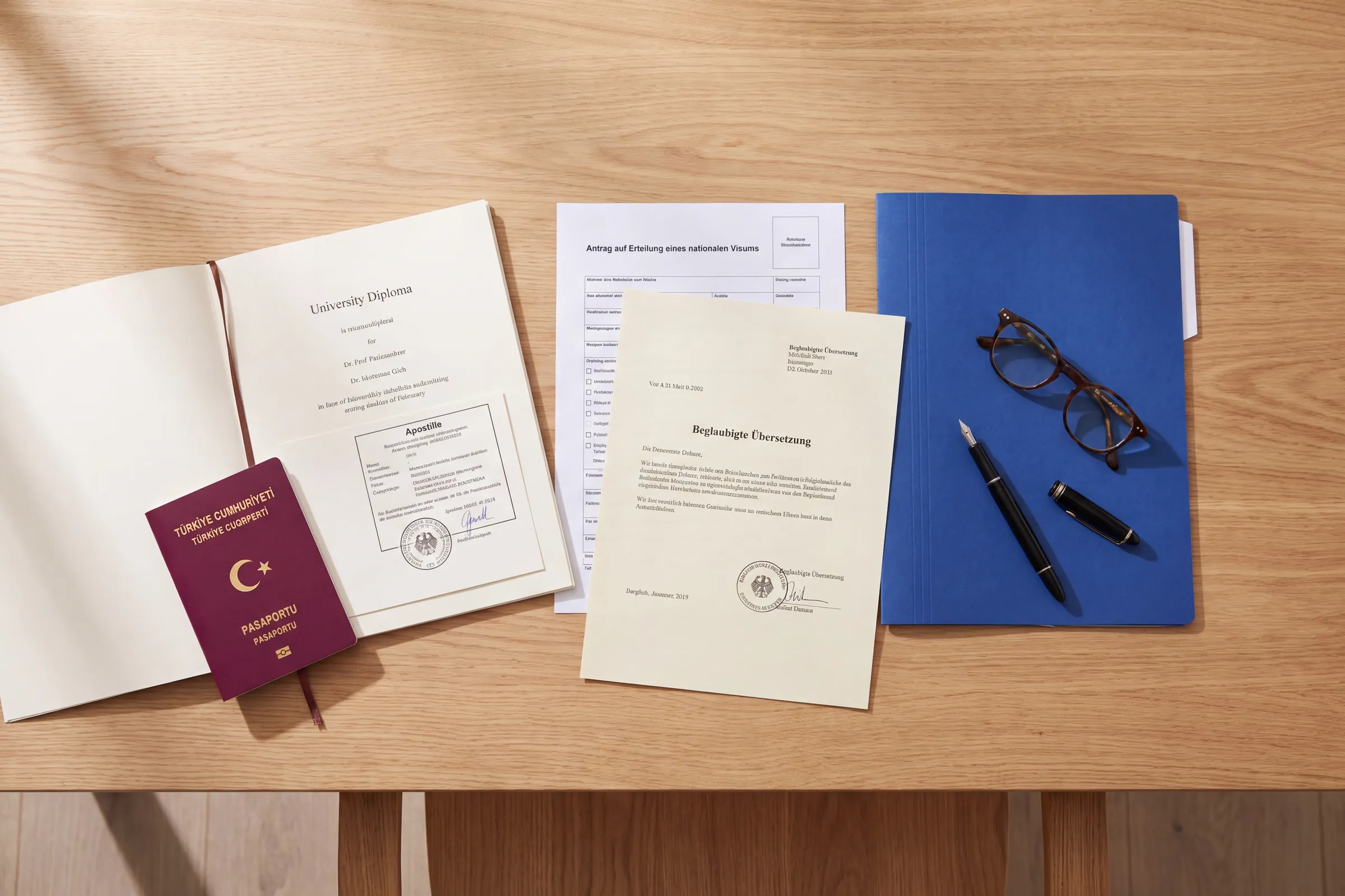Masada Türk pasaportu, apostilli diploma, yeminli tercüme ve Almanca vize başvuru formu