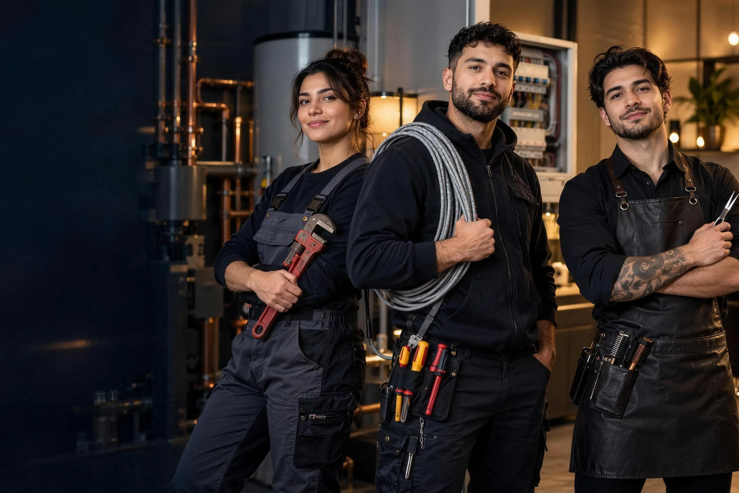 Tesisat, elektrik ve kuaförlük mesleklerinden üç genç usta, aletleriyle atölyede
